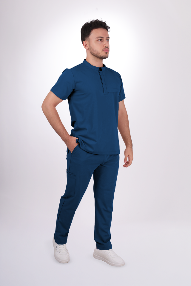 Premium Likralı Tek Cepli Çıtçıt Erkek Marine Petrol Scrubs