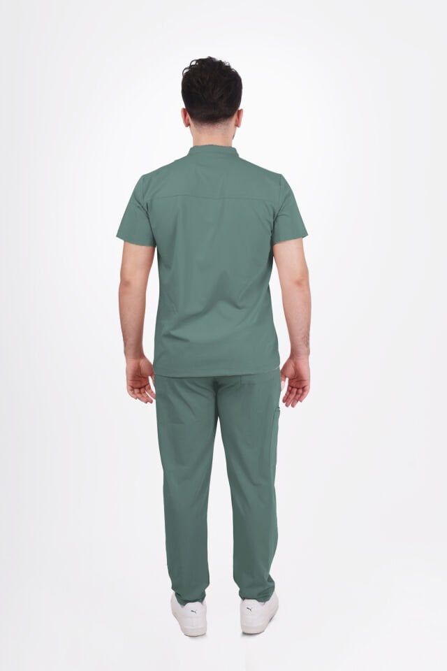 Premium Likralı Boydan Çıtçıt Seri Erkek Küf Yeşili Scrubs