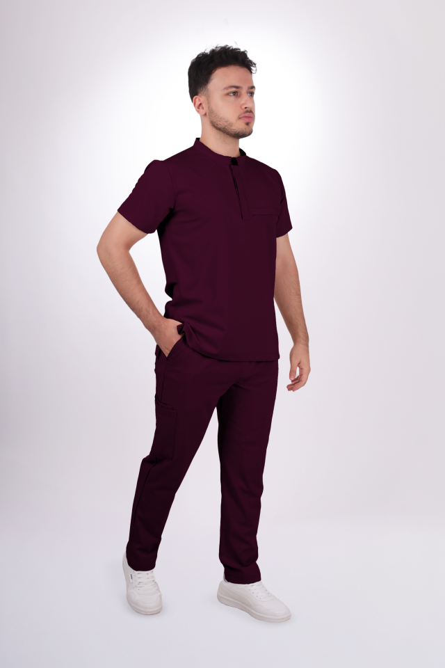 Premium Likralı Tek Cepli Çıtçıt Erkek Mürdüm Scrubs