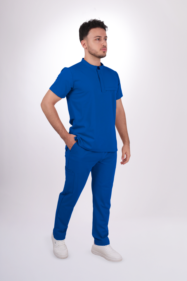 Premium Likralı Tek Cepli Çıtçıt Erkek Saks Mavisi Scrubs