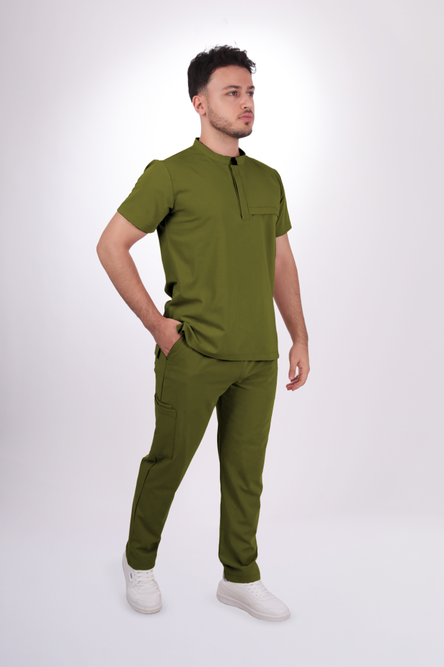 Premium Likralı Tek Cepli Çıtçıt Erkek Yağ Yeşili Scrubs