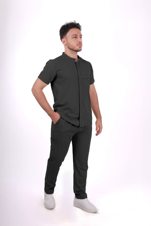 Premium Likralı Boydan Çıtçıt Seri Erkek Antrasit Gri Scrubs