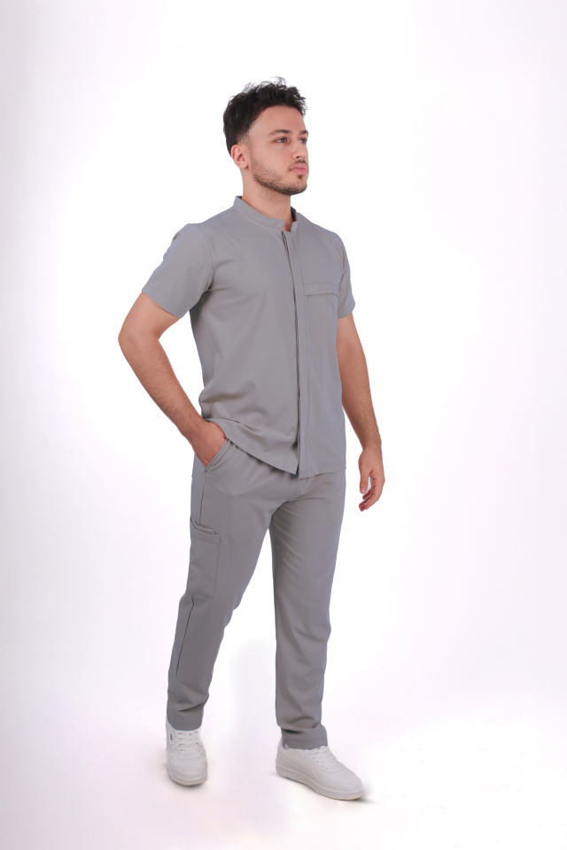 Premium Likralı Boydan Çıtçıt Seri Erkek Duman Gri Scrubs