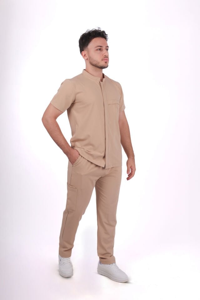Premium Likralı Boydan Çıtçıt Seri Erkek Bej Scrubs