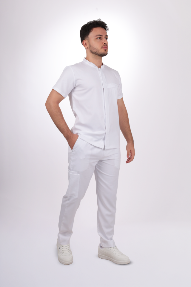 Premium Likralı Boydan Çıtçıt Seri Erkek Beyaz Scrubs