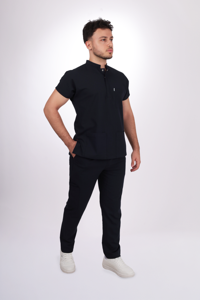 Likralı Snap Seri Erkek Siyah Scrubs