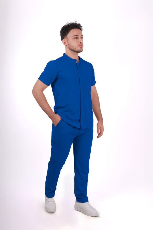 Premium Likralı Boydan Çıtçıt Seri Erkek Saks Mavisi Scrubs