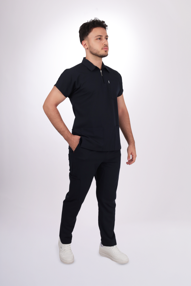 Likralı Zipper Seri Erkek Siyah Scrubs