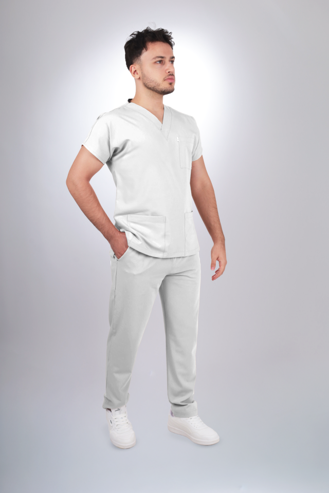 Premium Likralı Klasik Seri Erkek Beyaz Scrubs