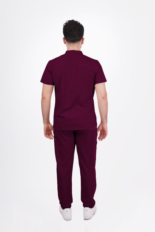 Premium Likralı Boydan Çıtçıt Seri Erkek Mürdüm Scrubs