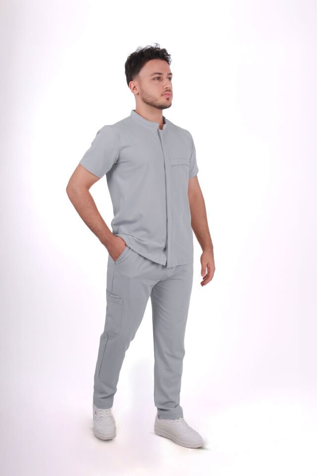 Premium Likralı Boydan Çıtçıt Seri Erkek Açık Gri  Scrubs