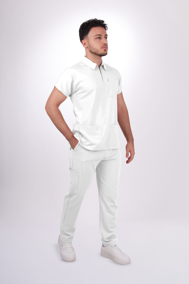 Premium Likralı Zipper Seri Erkek Beyaz Scrubs