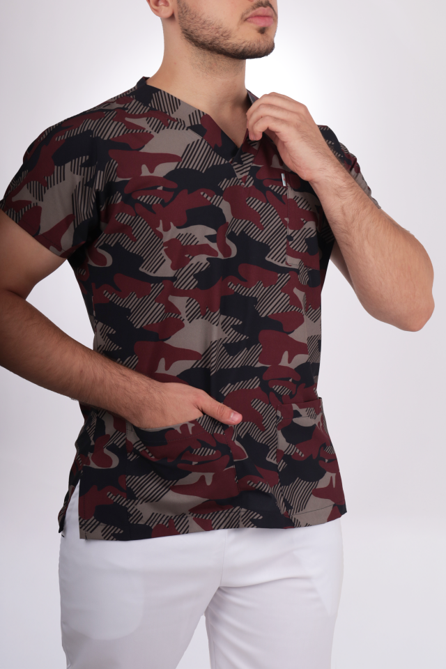 Premium Likralı Desenli Seri Erkek Bordo Kamuflaj Desen Tek Üst