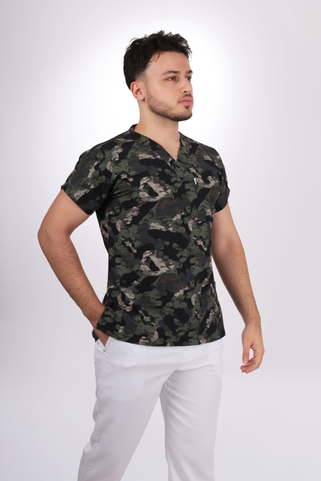 Premium Likralı Desenli Seri Erkek Haki Kamuflaj Desen Tek Üst