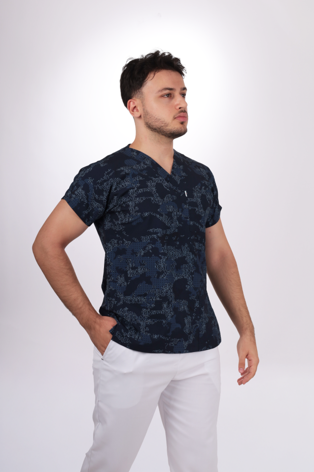 Premium Likralı Desenli Seri Erkek Lacivert Alfabetik Desen Tek Üst