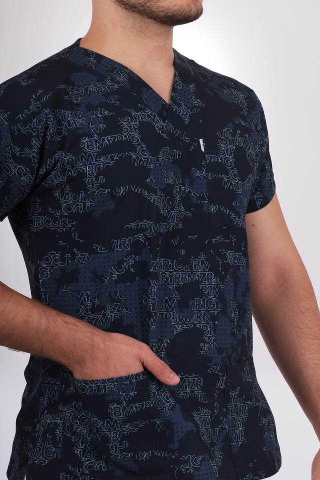 Premium Likralı Desenli Seri Erkek Lacivert Alfabetik Desen Tek Üst