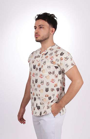 Premium Likralı Desenli Seri Kedi Köpek Desen Erkek Tek Üst