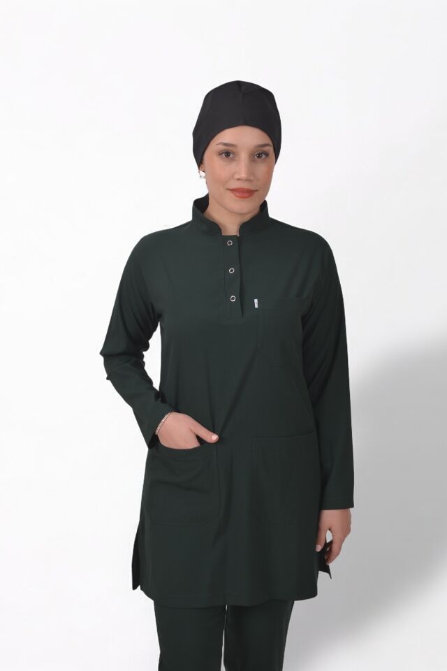 Likralı Tesettür Model Kadın Avcı Yeşili Scrubs