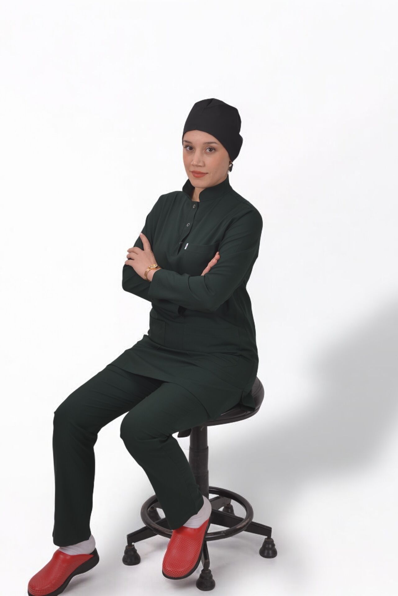 Likralı Tesettür Model Kadın Avcı Yeşili Scrubs