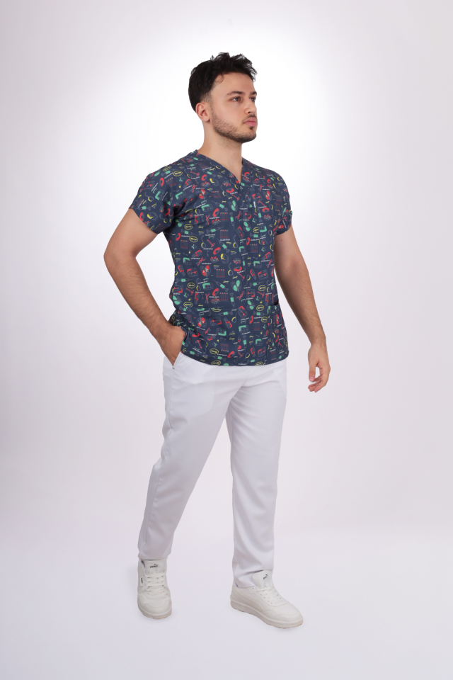 Premium Likralı Desenli Seri Erkek Lacivert Bilimsel Desen Tek Üst