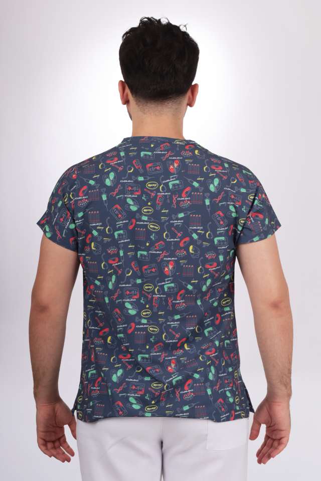 Premium Likralı Desenli Seri Erkek Lacivert Bilimsel Desen Tek Üst