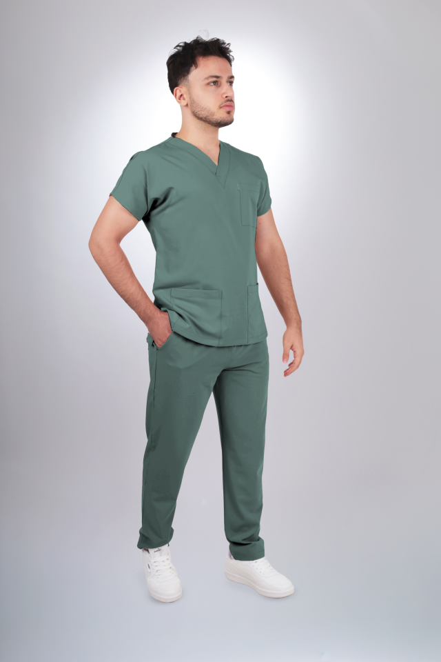 Premium Likralı Klasik Seri Erkek Küf Yeşili Scrubs