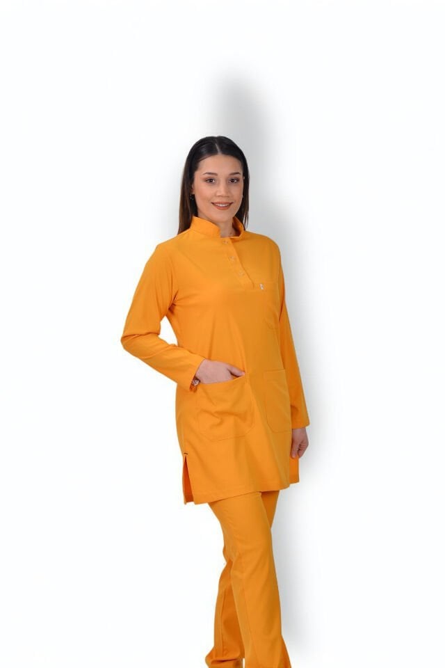 Likralı Tesettür Model Kadın Hardal Sarısı Scrubs