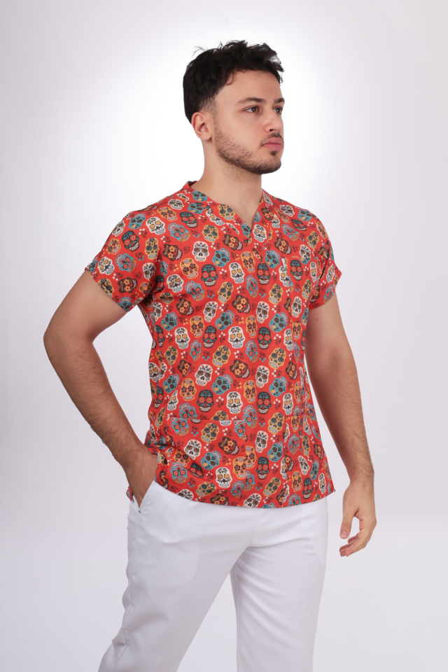 Desenli Seri Erkek Turuncu Kurukafa Tek Üst