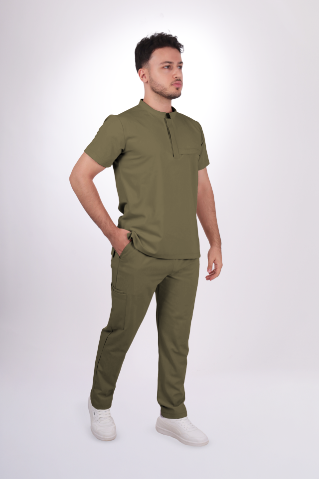 Premium Likralı Tek Cepli Çıtçıt Erkek Haki Scrubs