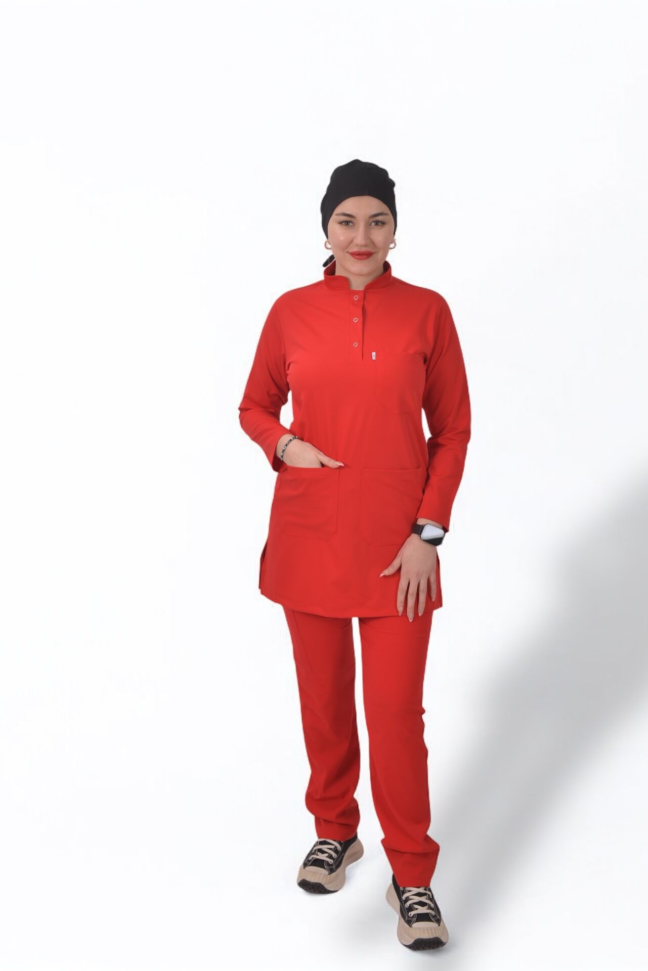 Likralı Tesettür Model Kadın Kırmızı Scrubs
