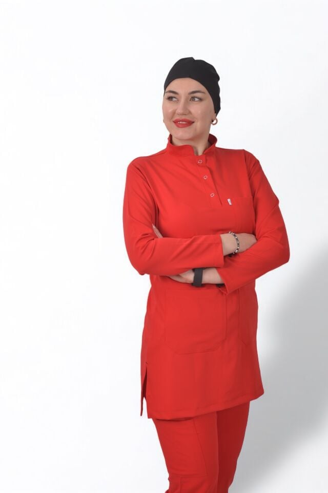Likralı Tesettür Model Kadın Kırmızı Scrubs