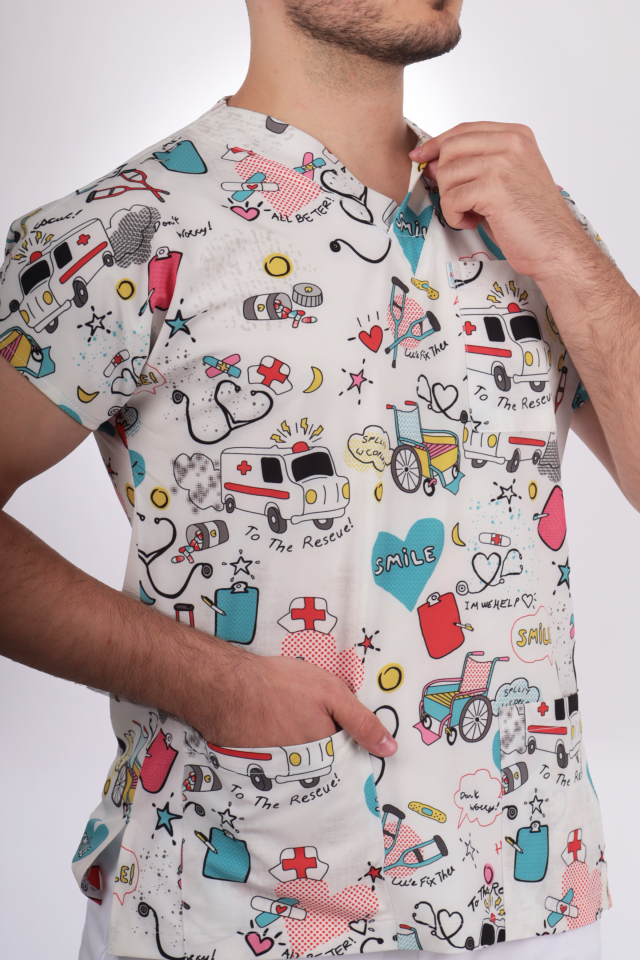 Premium Likralı Desenli Seri Ambulans Desen Erkek Tek Üst