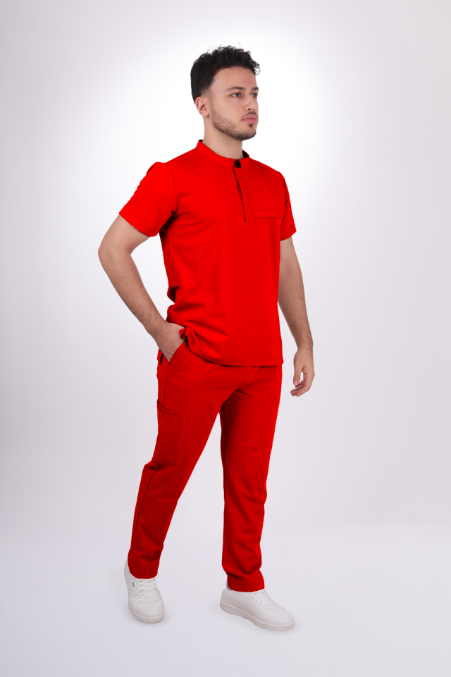 Premium Likralı Tek Cepli Çıtçıt Erkek Kırmızı Scrubs
