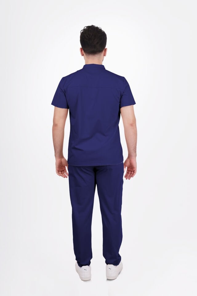 Premium Likralı Boydan Çıtçıt Seri Erkek Havacı Mavi Scrubs
