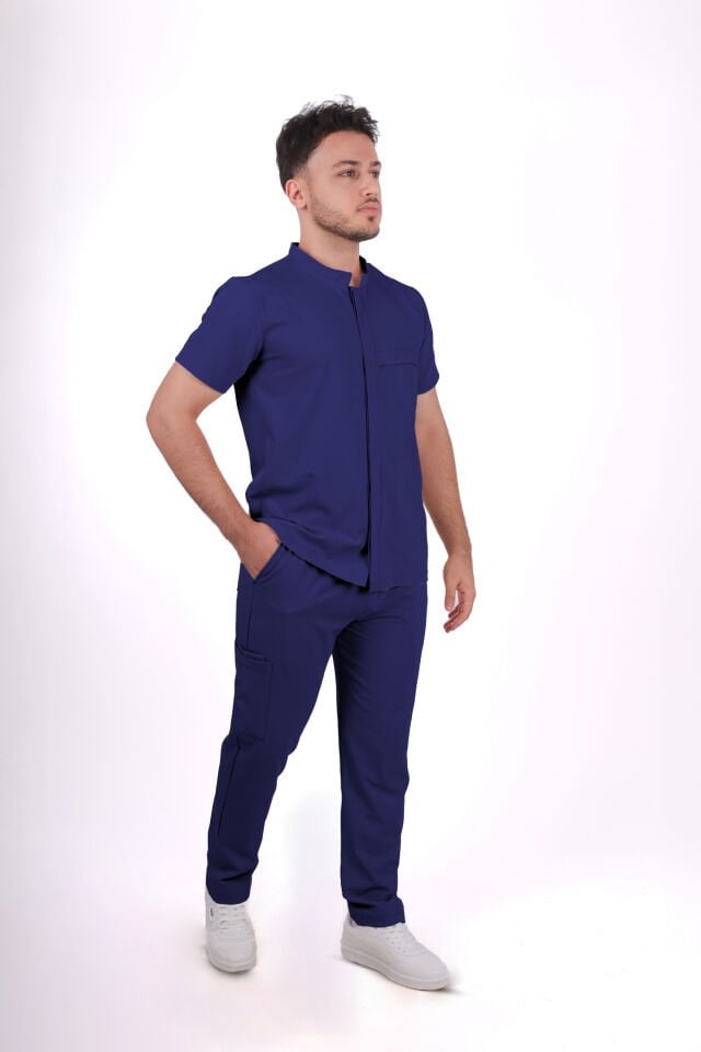 Premium Likralı Boydan Çıtçıt Seri Erkek Havacı Mavi Scrubs