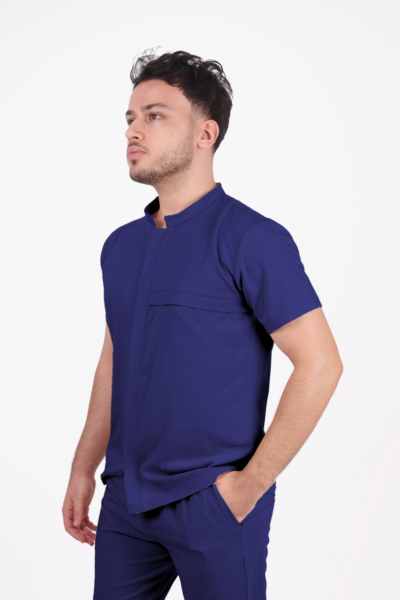 Premium Likralı Boydan Çıtçıt Seri Erkek Havacı Mavi Scrubs