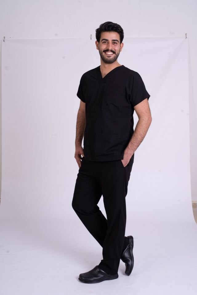 Terycoton Kumaş Klasik Seri Erkek Siyah Scrubs Terycoton