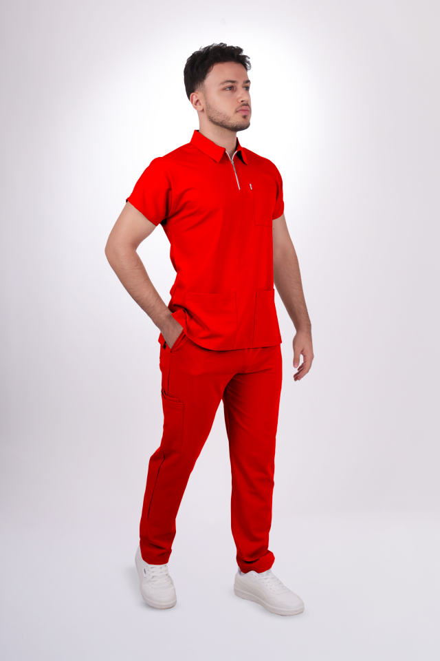 Premium Likralı Zipper Seri Erkek Kırmızı Scrubs
