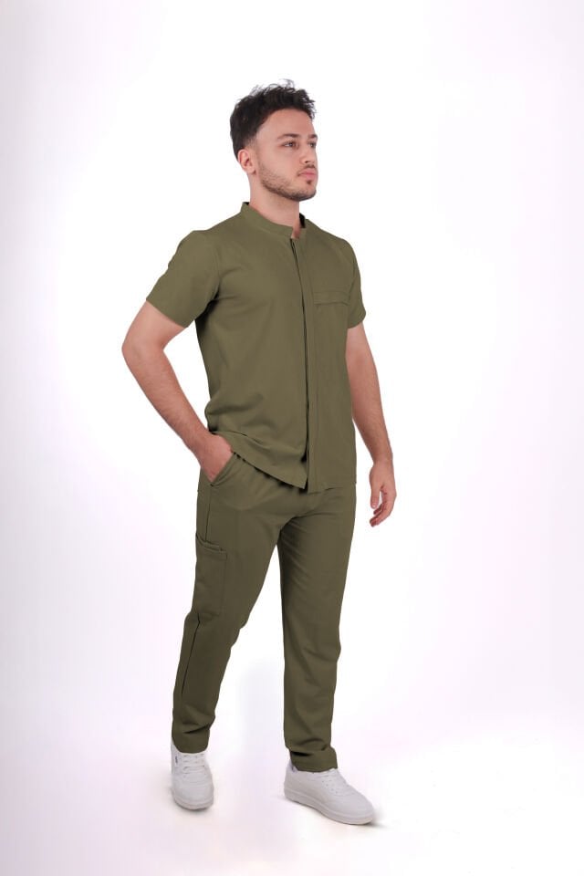 Premium Likralı Boydan Çıtçıt Seri Erkek Haki Scrubs