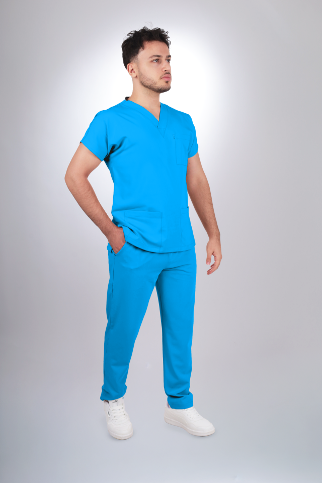 Terycoton Kumaş Klasik Seri Erkek Turkuaz Scrubs