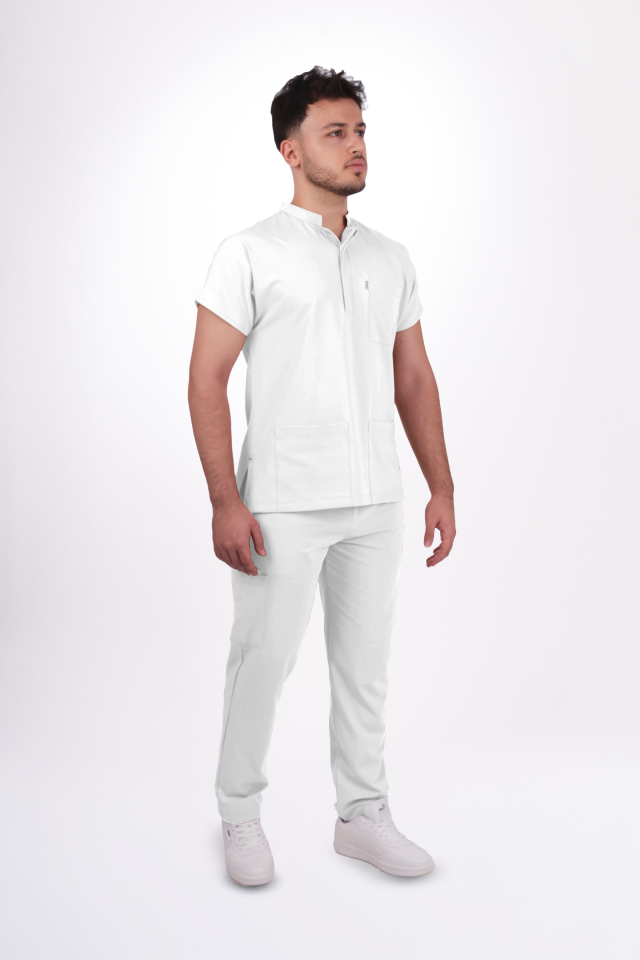 Premium Likralı Snap Seri Erkek Beyaz Scrubs