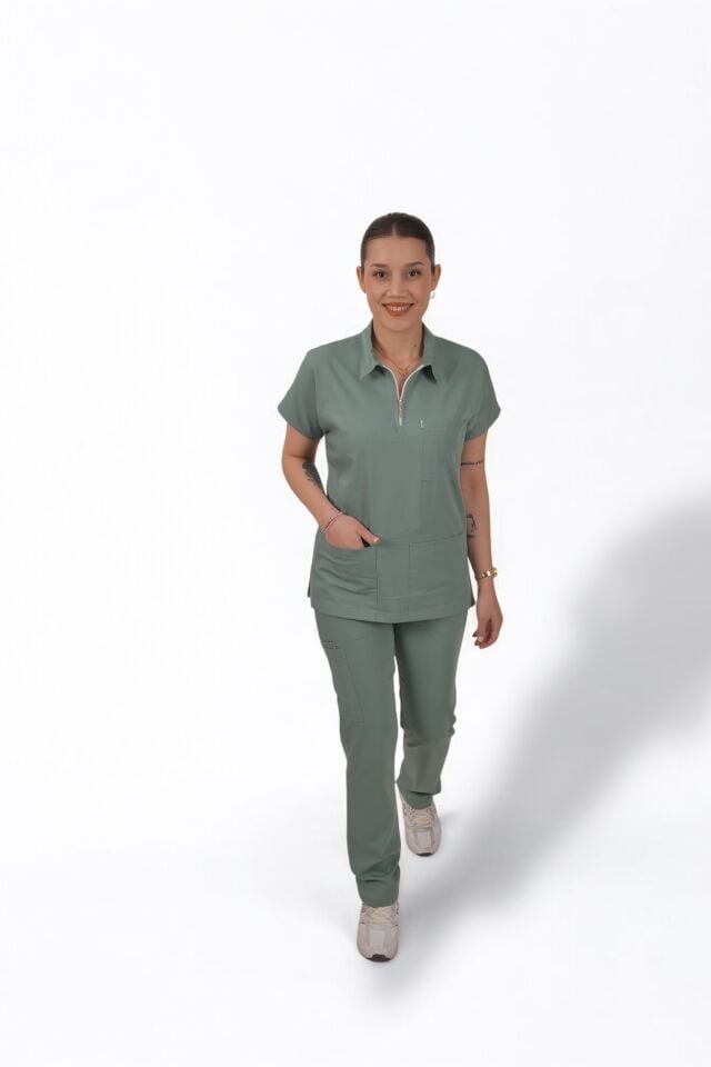 Likralı Zipper Seri Kadın Küf Yeşili Scrubs