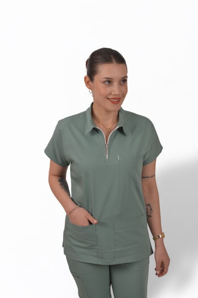 Likralı Zipper Seri Kadın Küf Yeşili Scrubs