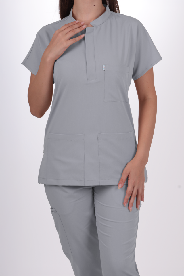 Premium Likralı Snap Seri Kadın Açık Gri Scrubs