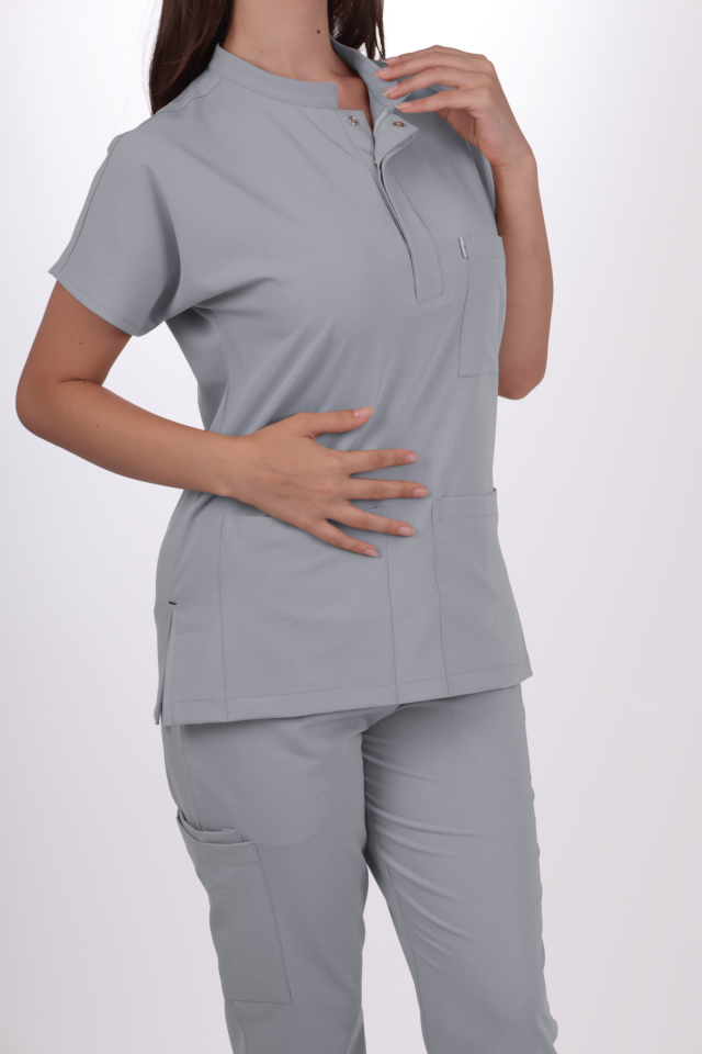 Premium Likralı Snap Seri Kadın Açık Gri Scrubs