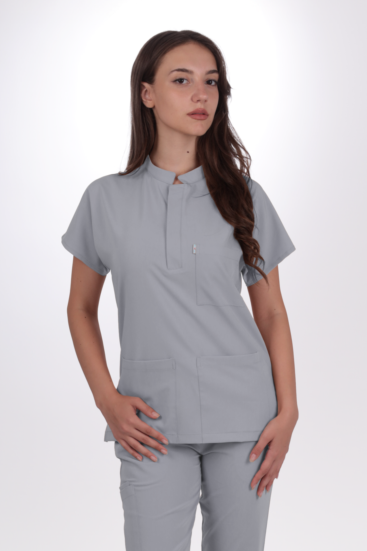 Premium Likralı Snap Seri Kadın Açık Gri Scrubs
