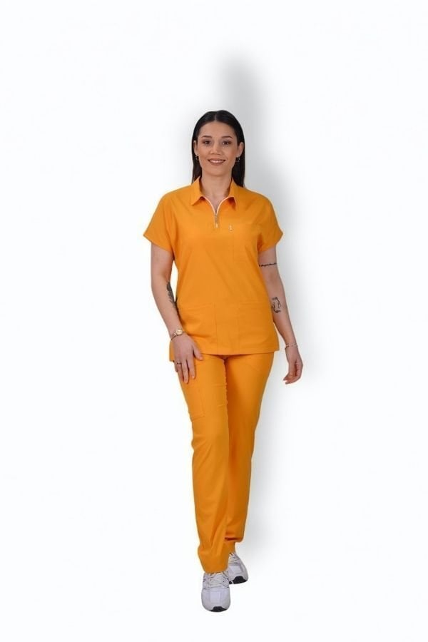 Premium Likralı Zipper Seri Kadın Hardal Sarısı Scrubs