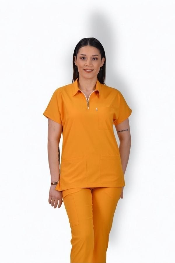 Premium Likralı Zipper Seri Kadın Hardal Sarısı Scrubs
