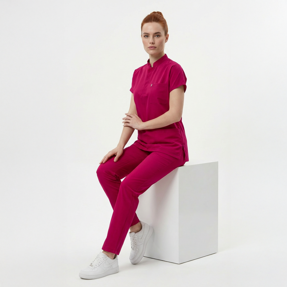Likralı Snap Seri Kadın Fuşya Scrubs