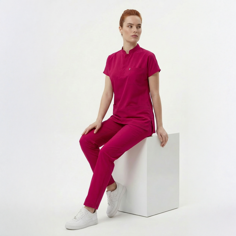 Likralı Snap Seri Kadın Fuşya Scrubs